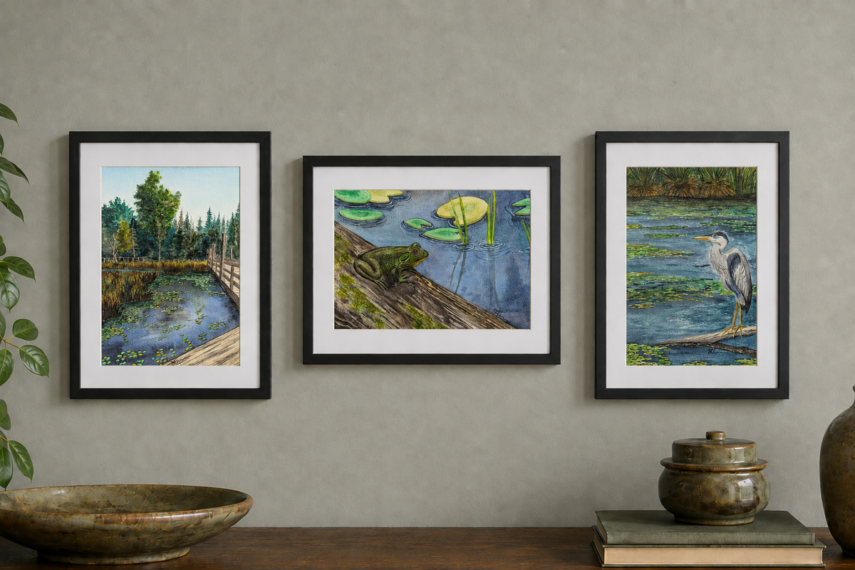Three framed nature watercolour paintings are displayed side-by-side on a textured gray wall above a wooden console table. The paintings feature watercolor paintings of a forest boardwalk over water, a green frog on a log by lily pads, and a blue heron standing on a fallen log.