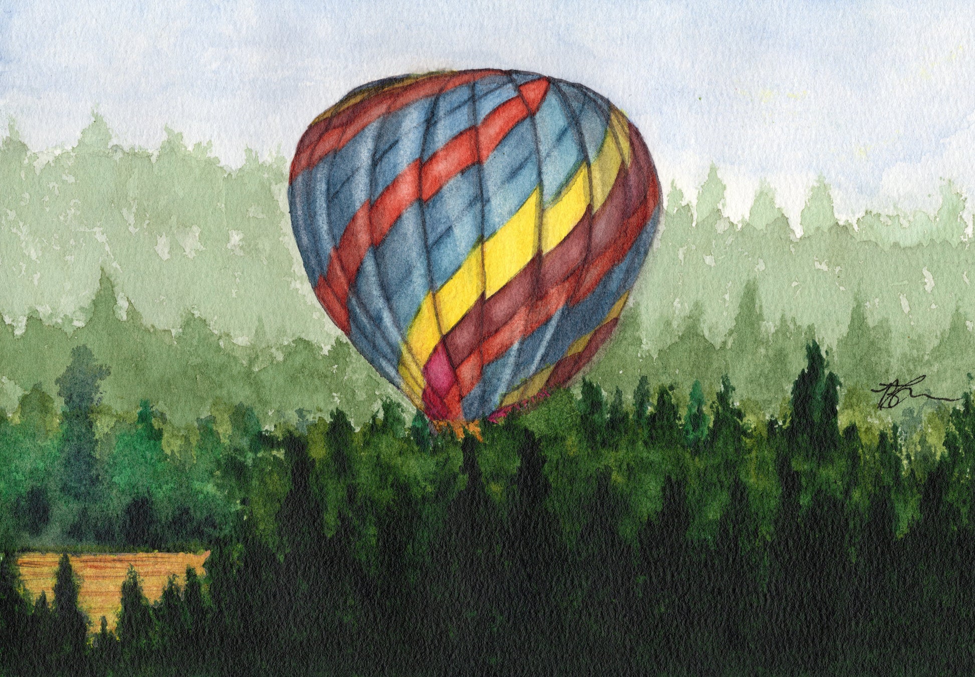 Close up of a painting of a colourful hot air balloon taking off on a hazy morning