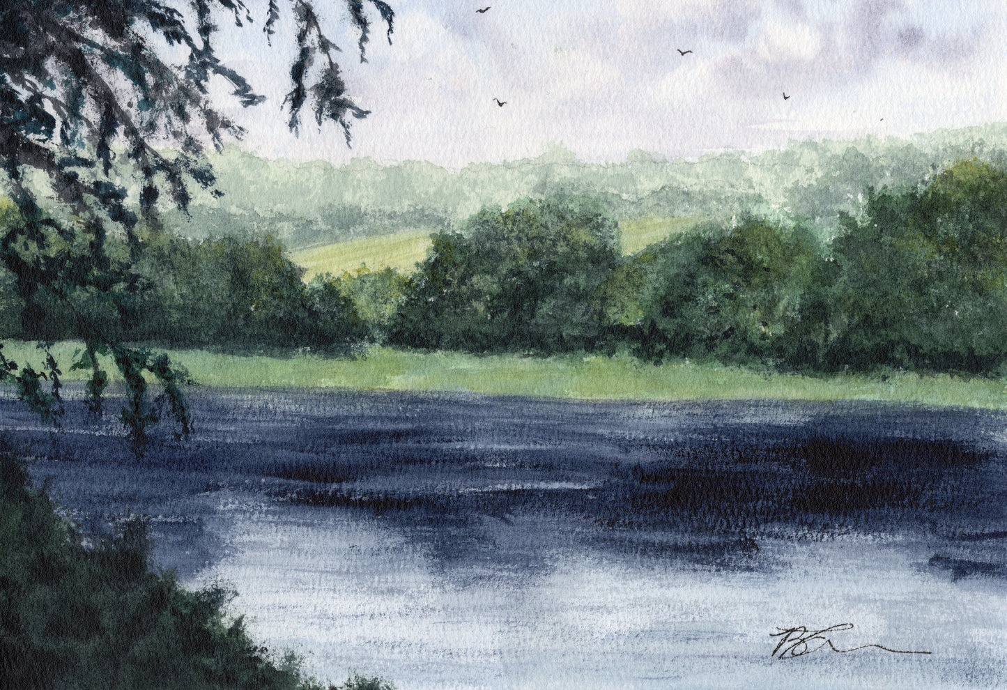 Watercolour painting of a landscape with a river, trees, and hills under a cloudy sky.