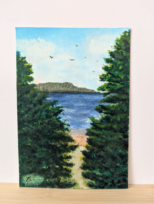 Painting of a landscape with trees, shimmering shiny water, and birds in the air
