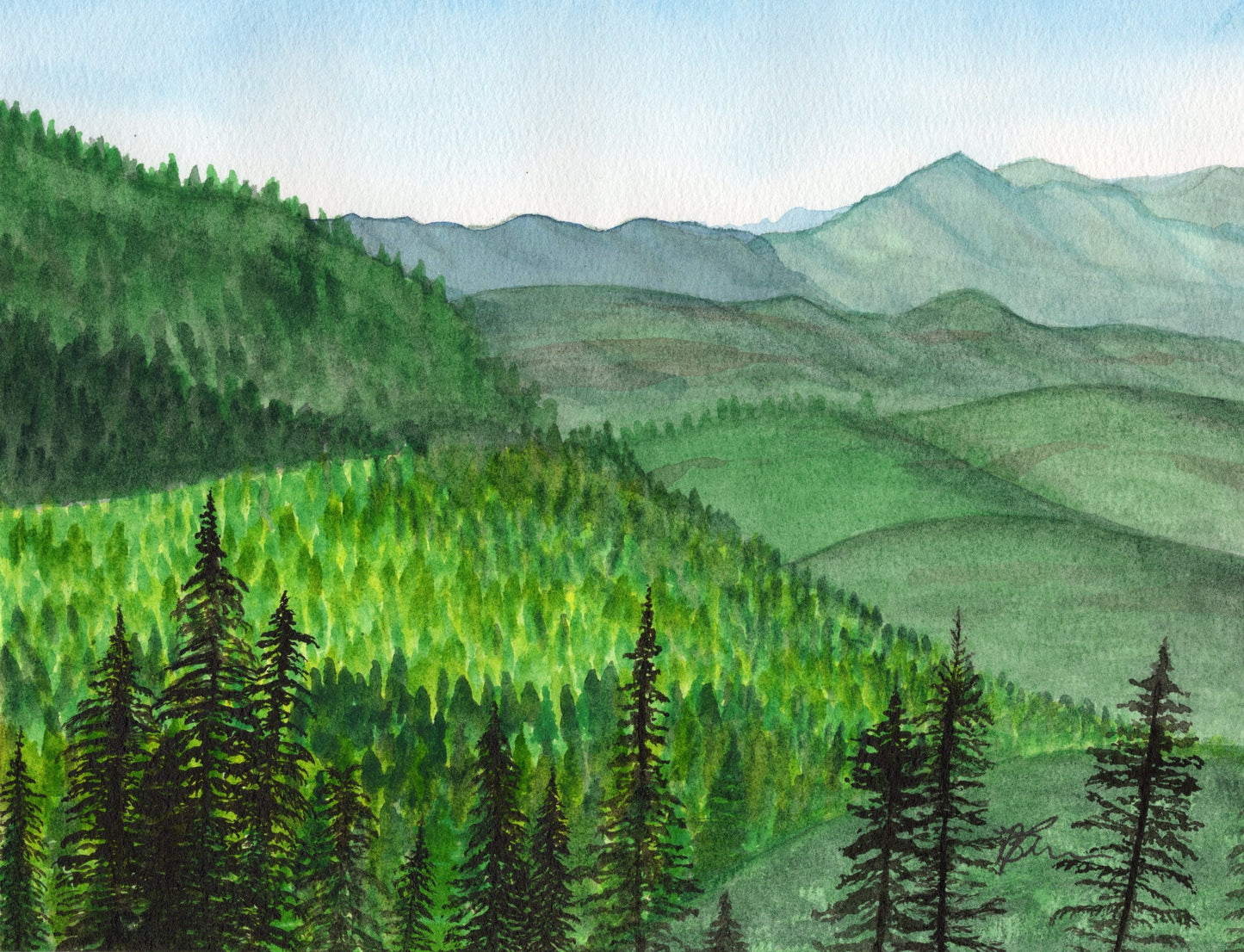 A close up of a painting of tree covered rolling green hills with dark pine trees in the foreground and blue hills in the background